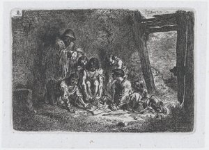 Platte 8: eine Gruppe von Figuren, von denen einige ein Spiel spielen, aus der Serie von Bräuchen, 1850