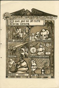 Illustration von Francisco Sancha Lengo (1874-1936) - Fliegendes Blatt, circa 1915 - El mal que no se cura es la locura - Krieg von 14-18, Deutschland Preußen, Erstickungsgas, Spanische Sprache, Ausländische Presse von Francisco Sancha y Lengo