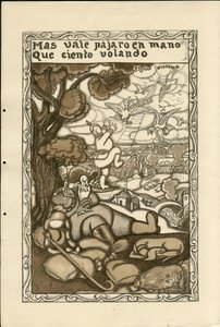 Illustration von Francisco Sancha Lengo (1874-1936) - Flugblatt, ca. 1915 - Mas vale pajaro en mano que ciento volando - Krieg von 14-18, Deutschland Preußen, Kriegsteilnehmer und Symbole, Sieg, Frieden, Spanische Sprache, Ausländische Presse