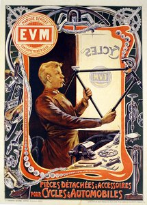 Plakat, das E.V.M. Fahrrad-Zubehör bewirbt von Francisco Tamagno