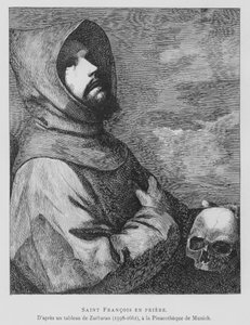 Der heilige Franz von Assisi im Gebet (Lithografie) von Francisco de (after) Zurbaran
