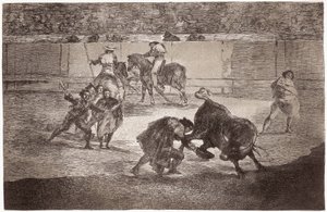 Stierkampf: Ein Stierkämpfer betritt die Arena, um den Stier mit einem Hut anstelle der Muleta zu töten von Francisco de Goya