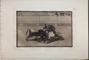 Stierkämpfe: Ein Picador wird abgeworfen und fällt unter den Stier, 1876 von Francisco de Goya