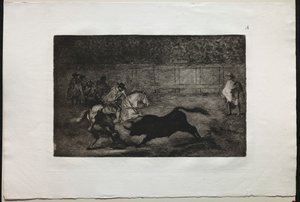 Stierkämpfe: Ein spanischer Ritter bricht kurze Speere mit Hilfe von Assistenten, 1876