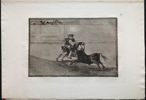 Stierkämpfe: Ein spanischer berittener Ritter im Ring bricht kurze Speere ohne die Hilfe von Assistenten von Francisco de Goya