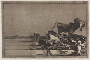 Stierkämpfe: Schreckliche Ereignisse in den vorderen Reihen des Rings in Madrid und Tod des Bürgermeisters von Torrejon von Francisco de Goya