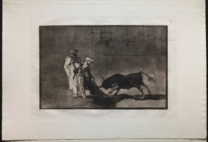 Stierkämpfe: Die Mauren machen ein anderes Spiel im Ring und rufen den Stier mit dem Burnous, 1876 von Francisco de Goya