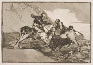 Die Art und Weise, wie die alten Spanier zu Pferd Stiere auf der Ebene jagten von Francisco de Goya