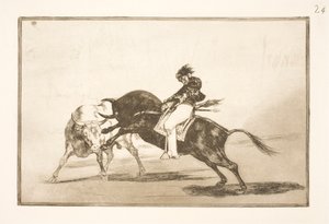 Der gleiche Ceballos, auf dem Rücken eines anderen Stiers sitzend, bricht kurze Speere in der Arena in Madrid von Francisco de Goya