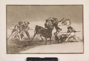 Die Mauren benutzen Esel als Barriere, um sich gegen den Stier zu verteidigen, dessen Hörner mit Kugeln versehen sind