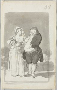 Prostituierte, die einen dicken, hässlichen Mann anwirbt recto, junge Frau, die sich die Hände ringt...verso, 1796-97 von Francisco de Goya