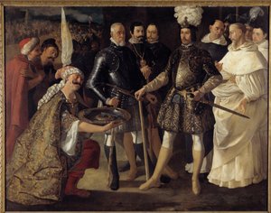 Reconquista: Die Übergabe von Sevilla vor Ferdinand III., König von Kastilien und León. Die Mauren übergaben dem König von Kastilien am 22.12.1248 die Schlüssel der Stadt.