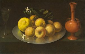 Stillleben mit Glas, Obst und Krug, um 1650 von Francisco de Zurbaran