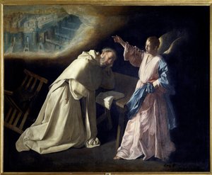 Die Vision des Heiligen Peter Nolasque (1189-1256). Nach einer Vision der Jungfrau im Jahr 1218 gründete der Priester den Orden Unserer Lieben Frau der Barmherzigkeit. Er wird mit einem Engel dargestellt, der ihm das Himmlische Jerusalem zeigt. Gemälde von von Francisco de Zurbaran