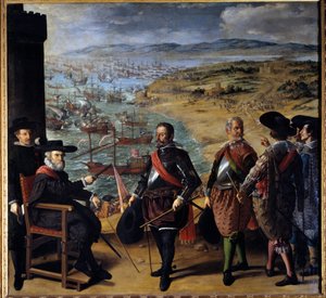 Die Verteidigung von Cádiz (Cádiz, Spanien) gegen die Engländer. Die englischen Truppen eroberten den Turm von Cádiz am 1. November 1625, um Gold und Silber aus Amerika abzufangen. Die sitzende Figur ist Fernando Girón, Gouverneur der Stadt, gefangen im Tu