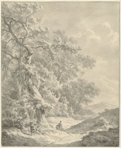 Landschaft mit Wanderern auf einem Weg entlang des Waldes