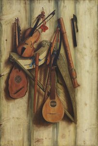 Bordtrennwand mit Musikinstrumenten. Trompe l