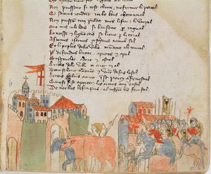 Ms Est 27 W 8.17 f.6r Bauern betreten eine Stadt mit ihrem Vieh und die Ankunft von Attilas Armee, aus Der Krieg des Attila von Nicola da Casola