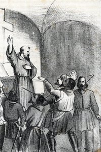 Vierter Venedig-Osmanischer Krieg: Die Kirche ruft zum Kampf gegen die Muslime am Vorabend der Seeschlacht von Lepanto am 7. Oktober 1571 im Golf von Patras, Griechenland von Franco Mistrali