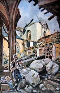 Schlacht von Verdun: Französischer Soldat isst seine Rationen in einem zerstörten Kreuzgang der Kathedrale von Francois (after) Flameng