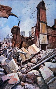 Schlacht von Verdun: Französische Truppen bewegen sich unter zerstörten Festungsmauern von Francois (after) Flameng
