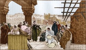 Pierre Abélard (1079-1142), französischer Philosoph und Theologe und seine Schule auf dem Sainte-Geneviève-Berg. Nach dem Fresko von François Flameng. von Francois (after) Flameng