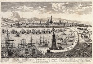 Ansicht der Stadt und des Hafens von Barcelona im 18. Jahrhundert. Gravur von Francois Antoine Aveline. Barcelona, Museu d
