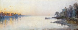 Breiter ruhiger Fluss bei Sonnenuntergang, Nillandschaft von Francois Barry