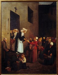 Nächstenliebe. Nonnen verteilen Essen an die Armen auf der Straße. Gemälde von Francois Bonvin (1817-1887) von François Bonvin