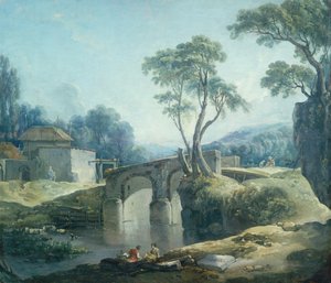 Waldlandschaft mit einer Brücke über einen Fluss