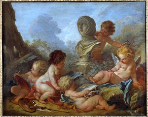 Allegorie der Künste. Fünf kleine Amoretten, die mit verschiedenen Künsten verbunden sind (Skulptur, Malerei...) von François Boucher