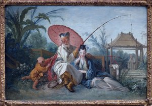 Chinoiserie. Kunstwerk von François Boucher (1703-1770), Öl auf Papier maroufliert auf Leinwand, um 1750. Französische Kunst des 18. Jahrhunderts. Museum der Schönen Künste Rotterdam (Niederlande).