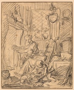 Heimatszene: Mutter mit zwei kleinen Kindern vor einem Kamin von François Boucher