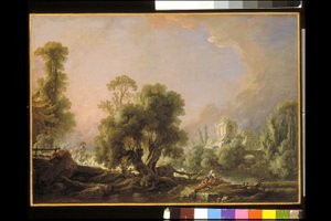 Idyllische Landschaft mit Frau beim Angeln von François Boucher
