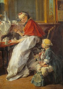 Mutter und Tochter. Detail von „Frühstück“. Ein Mädchen und ihre Puppen beobachten ihre Mutter beim Trinken von heißer Schokolade.