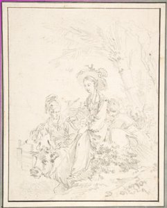 Bauernmädchen reitet auf einem Ochsen mit Begleitern von François Boucher