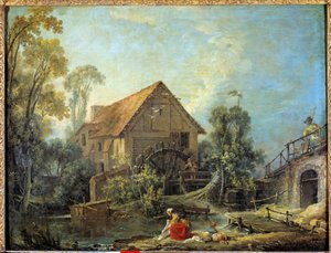 Die Mühle. Eine Frau wäscht die Wäsche im Bach in der Nähe einer Wassermühle. Gemälde von Francois Boucher (1703-1770) 1751