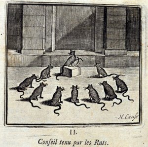 Rat der Ratten. Fabeln von Jean de La Fontaine. Illustration von François Chauveau. Ausgabe von 1728. von Francois Chauveau
