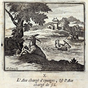 Der Esel beladen mit Schwämmen und der Esel beladen mit Salz. Fabeln von Jean de La Fontaine. Illustration von François Chauveau. Ausgabe von 1728.