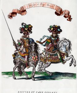 Ecuyer und persische Seite während des Karussells von König Ludwig XIV. Gravur von Francois Chauveau um 1662. Private Sammlung von Francois Chauveau