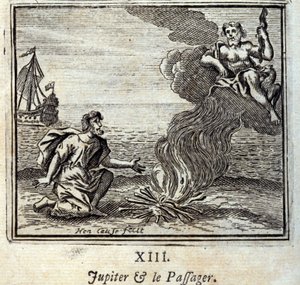 Jupiter und der Passagier. Fabeln von Jean de La Fontaine. Illustration von François Chauveau. Ausgabe von 1728.