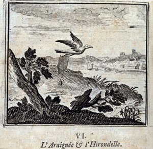 Die Spinne und die Schwalbe. Fabeln von Jean de La Fontaine. Illustration von François Chauveau. Ausgabe von 1728. von Francois Chauveau