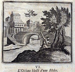 Der Vogel, der von einem Pfeil getroffen wurde. Fabeln von Jean de La Fontaine. Illustration von François Chauveau. Ausgabe von 1728.