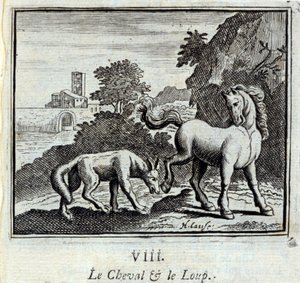 Das Pferd und der Wolf. Fabeln von Jean de La Fontaine. Illustration von François Chauveau. Ausgabe von 1728.