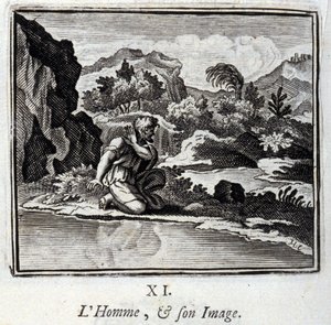 Der Mensch und sein Bild. Fabeln von Jean de La Fontaine. Illustration von François Chauveau. Ausgabe von 1728. von Francois Chauveau