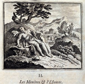 Glieder und Magen. Fabeln von Jean de La Fontaine. Illustration von François Chauveau. Ausgabe von 1728.