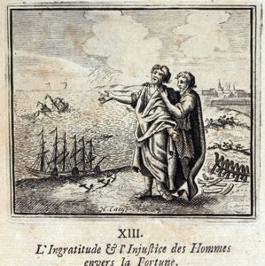 Undankbarkeit und Ungerechtigkeit der Menschen gegenüber dem Glück. Fabeln von Jean de La Fontaine. Illustration von François Chauveau. Ausgabe von 1728.
