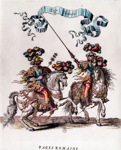 Römische Seiten während des Karussells von König Ludwig XIV. Gravur von Francois Chauveau um 1662. Private Sammlung von Francois Chauveau