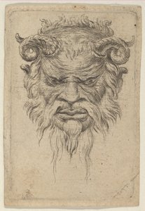 Satyrmaske mit gekräuselten Hörnern, die nach unten schaut, aus Divers Masques, ca. 1635-45