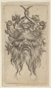 Satyrmaske mit gebogenen Hörnern und einem Efeukranz, aus Divers Masques